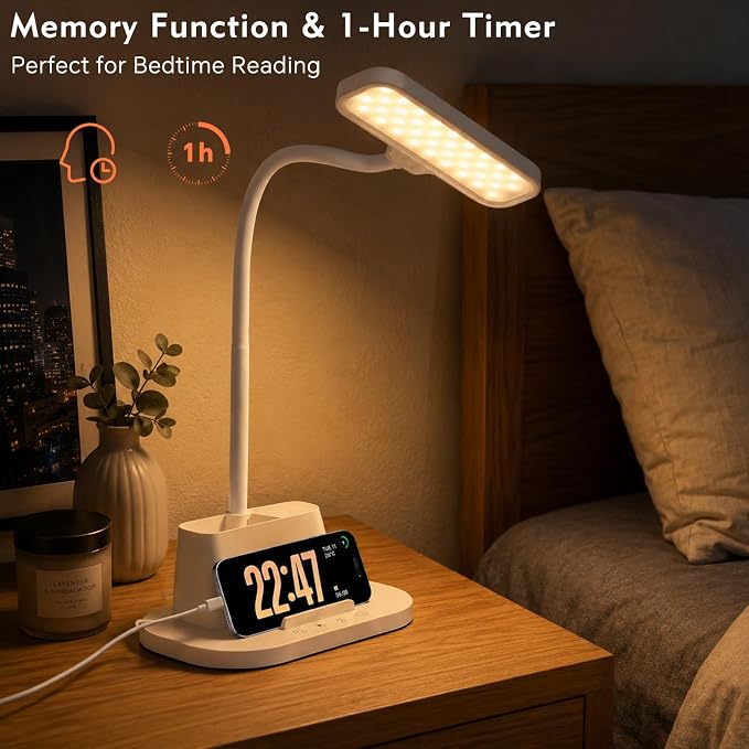 LED Desk Lamp for Dorm Small Desk Lamp with Pen Holder 5 Color Modes White | Dimmable Touch Control, USB Charging Port, Eye-Caring Reading Light for Home Office Table Study College Room Students