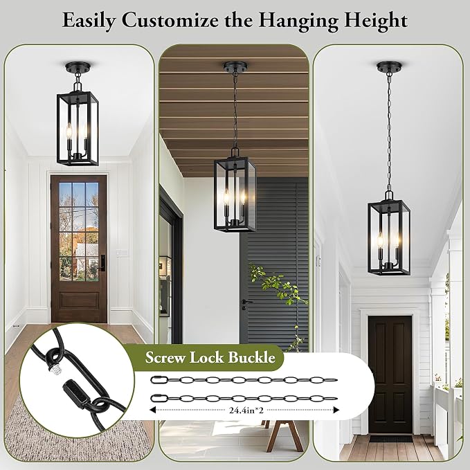 15” Large Outdoor Pendant Light, 2-Light Hanging Lantern, Black | Hanging Height Adjustable, Waterproof, Rust-Resistant, Durable Metal & Clear Glass, Dual E12 Sockets, Easy to Install