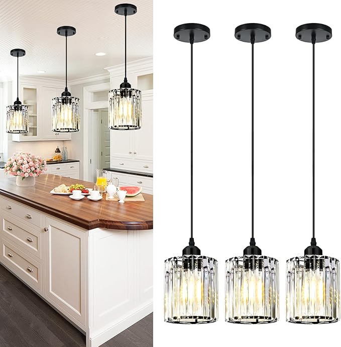 3 Pack Pendant Lights Kitchen Island, Elegant Modern Island Lights for Kitchen with Crystal Glass – Luxury Black Pendant Lights for Kitchen Island, Dining Table, Entryway, Restaurant