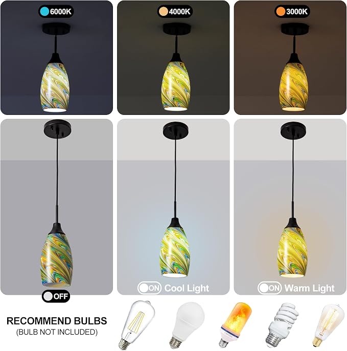 Viinew Mini Glass Pendant Light 4.72" Colorful Oval Pendant Lights | 1-Pack Handblown Art Glass Hanging Pendant Light for Kitchen Island Dining Room Living Hallway Black Metal