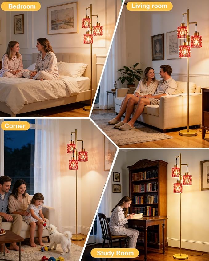 Lightdot 67" 3-Light Glass Floor Lamp for Living Room, Dimmable with Deep Red Glass Shade & E12 Bulbs Included, Mid Century Standing Tall Lamp with 5Lbs Heavy Base for Bedroom/Sofa Beside - Gold