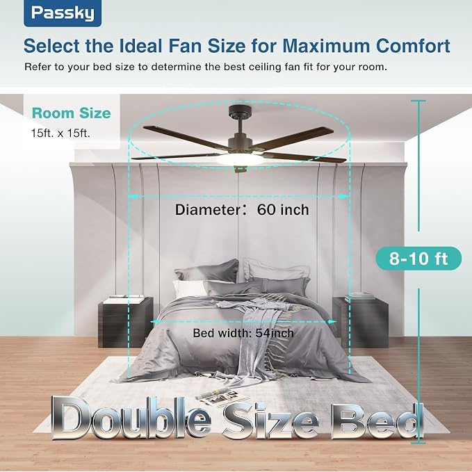 Passky 60 Inch Black Sleek Ceiling Fans with Lights, Remote Control | 3-color dimmable light, quiet reversible DC motor, easy install, memory, Timer, APP, bedroom, covered outdoor areas