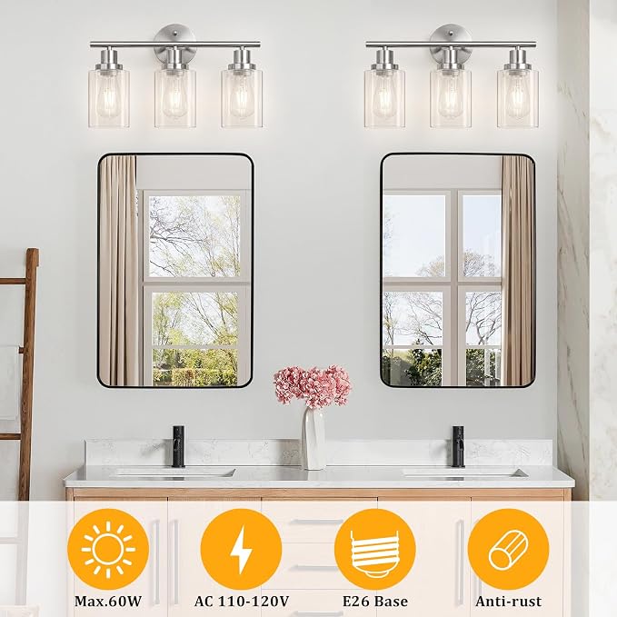Modern Bathroom Light Fixtures, 3 Light Vanity Lights with E26 Bulbs, Brushed Nickel Wall Lamp with Clear Glass for Mirror Living Room Hallway Cabinet Porch