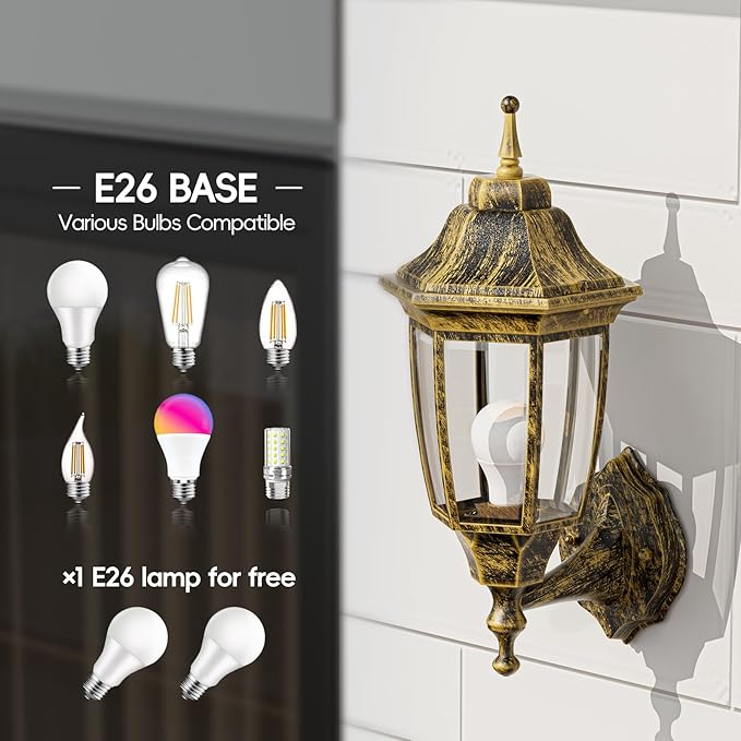 EMART Outdoor Front Porch Light, Exterior Anti-Corrosion, Waterproof Aluminum & Glass Shades Wall Lamp Fixture, Modern Sconce Lantern for Outside, House, Garage - 1 Pack, Gold (Bulb Included)