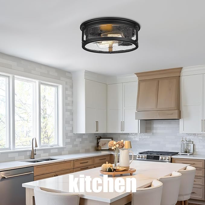 Farmhouse Black Flush Mount Ceiling Light Fixtures with Seeded Glass | Lampshade & Metal Frame, 2-Light Industrial Close to Ceiling Light for Kitchen, Hallway, Entryway, Bedroom, Forer, Entryway
