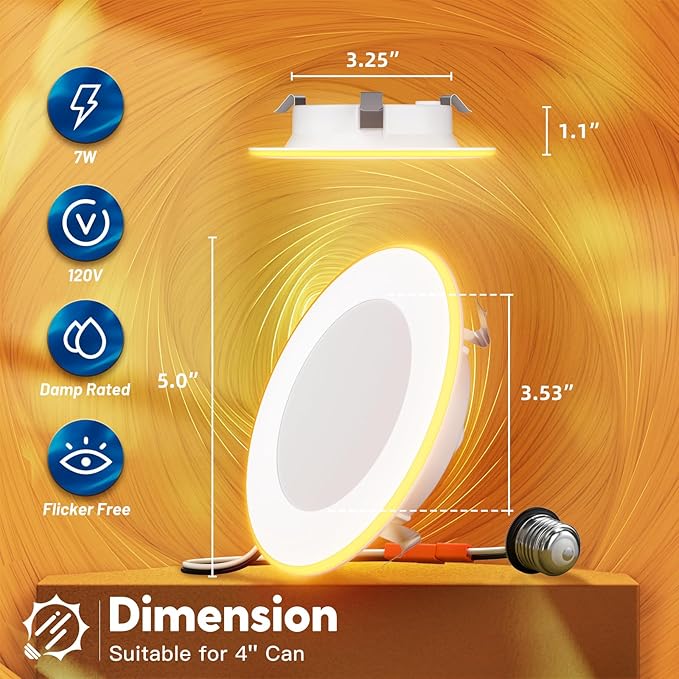 FREELICHT 12 Pack 4 Inch 5CCT LED Recessed Can Light with Night Light, 2700K/3000K/4000K/5000K/6000K Selectable Flat Recessed Lighting, 7W=60W, 700LM, Dimmable Retrofit - ETL & FCC
