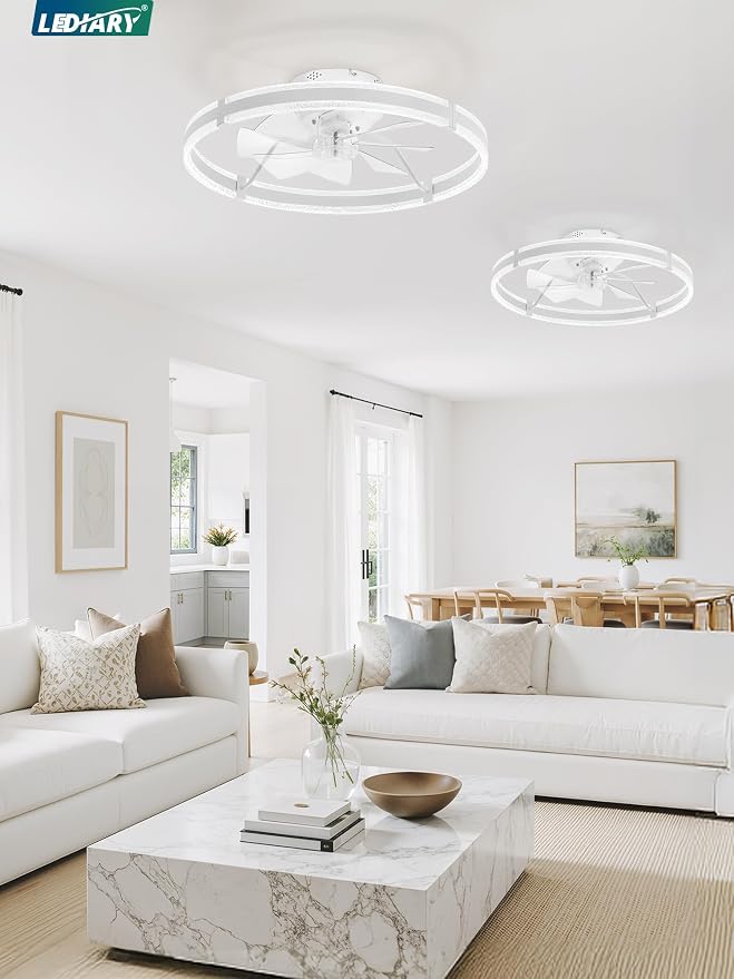 LEDIARY 24'' Low Profile Ceiling Fans with Lights and Remote, White, 2 Pack | 3000-6000K Dimmable LED, 6 Wind Speeds, Quiet Reversible DC Motor, Small Flush Mount Fandelier for Bedroom, Living Room