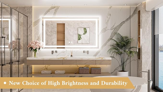 LED Light up Bathroom Mirror Wall Mounted 48 x 24 Inch Brighter Front and Backlit Lighted Bathroom Vanity Anti Fog Mirror with Lights, 3-Color Dimmable Illuminated, Waterproof