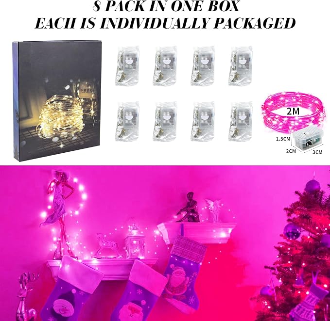 ZGWJ 8 Pack Pink Fairy Lights, Mini String Lights | Battery Operated 7 FT 20 LED Waterproof 3 Modes for DIY, Parties, Wedding, Halloween, Christmas Decoration