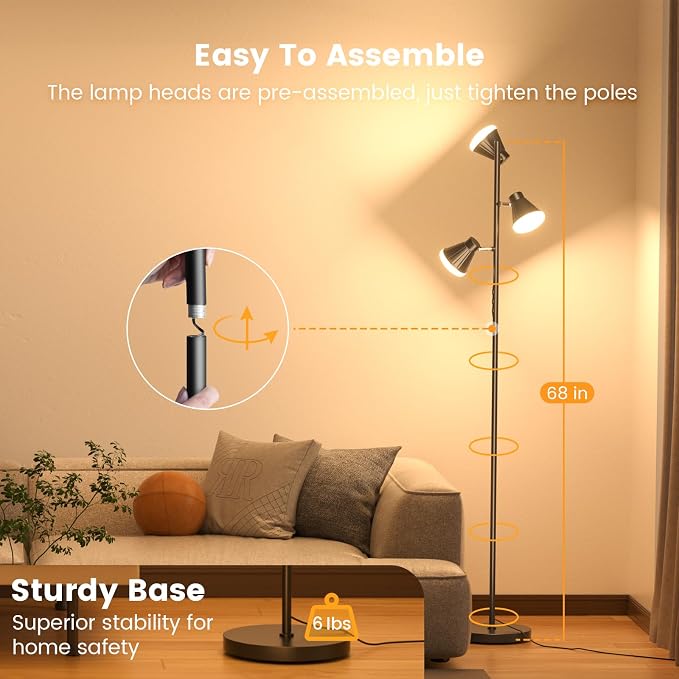 36W LED Tree Floor Lamp, Dimmable Tall Standing Lamp with Remote & Touch Control, 4 Color Temperatures Bright Floor Lamp, 3 Rotatable Light Modern Floor Lamps