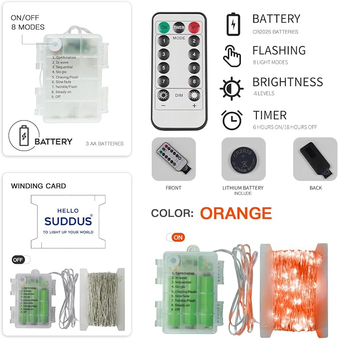 Orange Halloween Fairy Lights Battery Operated, 66ft 200 LED Copper Wire Twinkle Lights Waterproof, String Lights with Remote for Bedroom, Party, Yard, Door, Garland, Tree Decorations