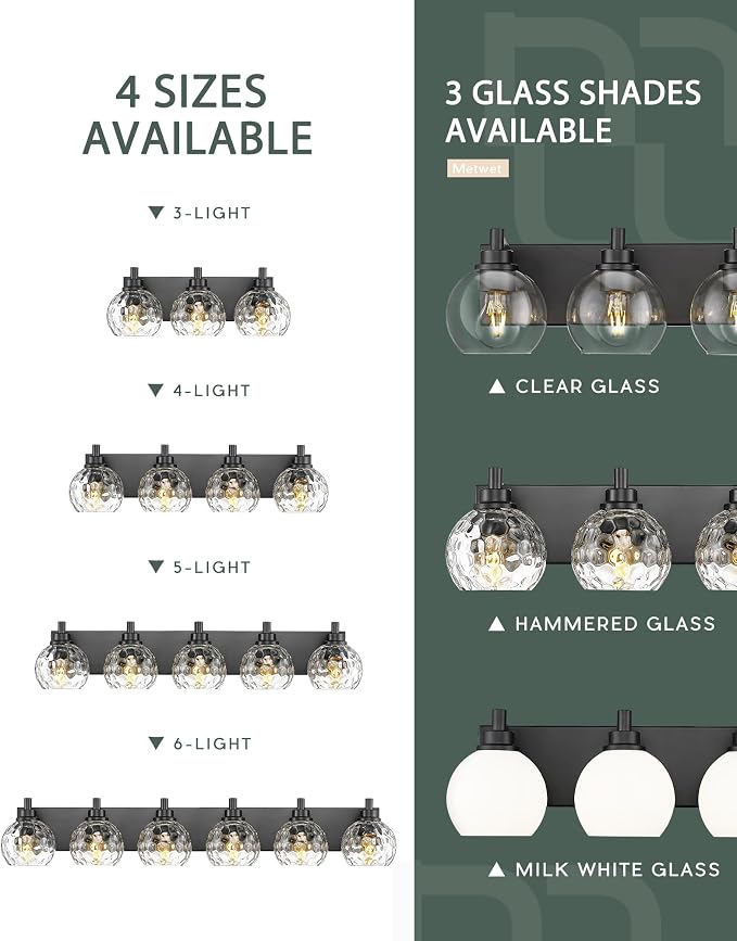 5-Light Black Bathroom Vanity Light, Hammered Glass Globe Shade | 32 Inch matte black modern bathroom light fixture over mirror, UL listed, E26 bulbs, hardwired, upward only, VL200-MB-CL-5