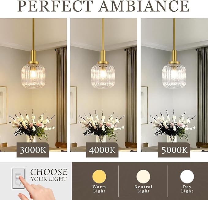 Brushed Gold Pendant Lights Kitchen Island 2 Pack, 5.9" Modern Glass Pendant Light with Clear Glass and Rods, Mini Hanging Lighting for Kitchen Sink Bathroom Bedroom, OS-YQ7749-2PBG