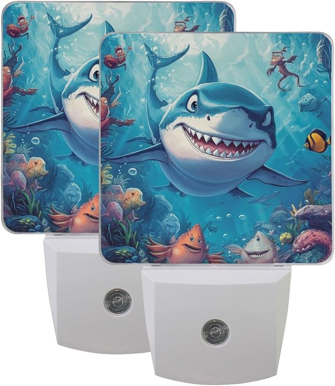 Cartoon Shark in Ocean Night Light Dusk to Dawn Sensor LED Night Dimmable Nightlight Lights Plug into Wall for Living Room