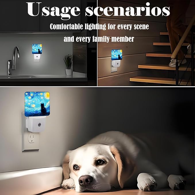 Starry Night Black Cat Night Light,Plug-in Nightlights Auto Sensor Night Lamp Dusk-to-Dawn Lamp Home Decor for Nursery Children Girls Boys