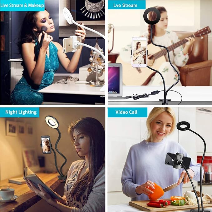 Clip on Light Reading Lights with Cell Phone Holder,Eye Protection Kids Desk Lamp, 360 ° Flexible Gooseneck Selfie Ring Light, LED Makeup Mirror Lights… (Selfie Ring Light with Cell Phone Holder)