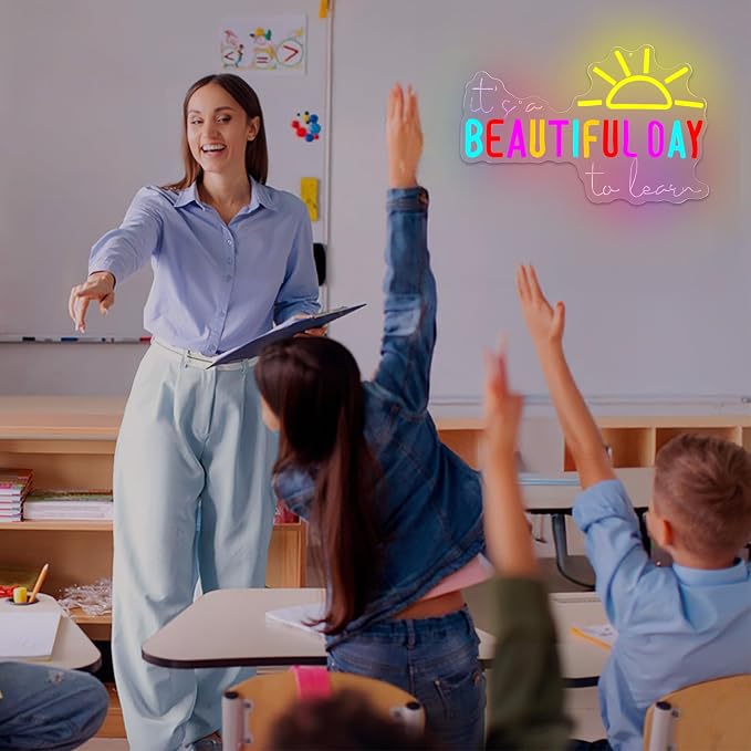 It's A Beautiful Day to Learn Neon Sign Classroom Neon Light for Library USB Powered Reading LED Signs for Classroom Reading Corner Colorful Study Noen Wall Art for Kids Teacher Beautiful Day Gifts for Back to School