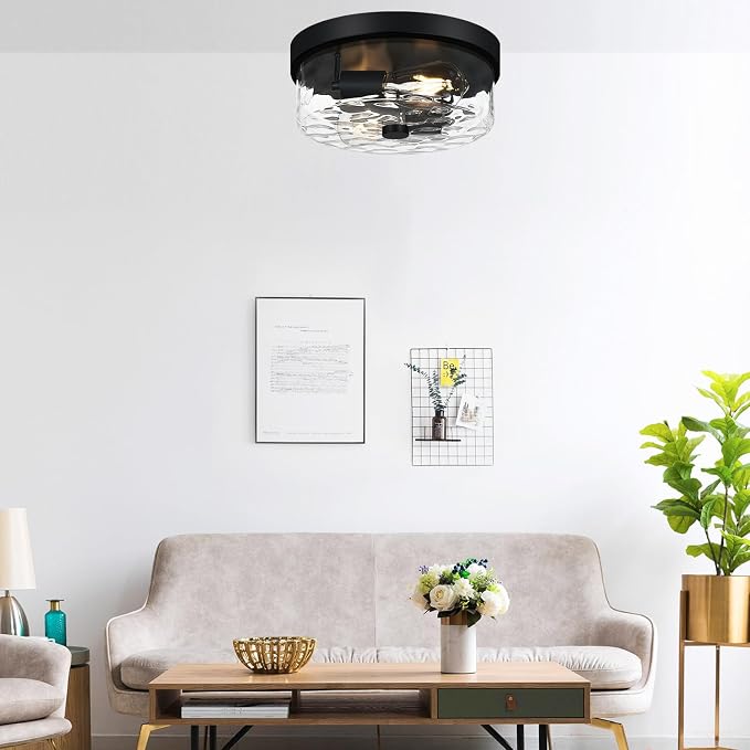 szzgco Flush Mount Ceiling Light Fixtures, 2-Light Black Ceiling Mount for Farmhouse with Water Ripple Glass Lampshade, Industrial Flush Mount Light Fixture for Hallway, Kitchen, Entryway and Foyer