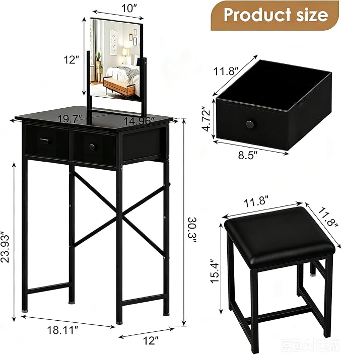 X-cosrack Black Small Vanity Desk with Mirror & Chair, 19.7" W Mini Vanity Desk Table Set with Fabric Storage Drawer for Kids, Girls, Teens, Dressing Table with Chair for Bedroom