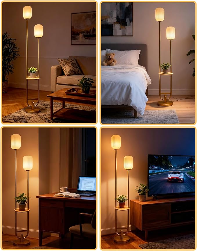 Lightdot 63IN Gold Dimmable Floor Lamp with Table, Mid Century Modern Tall Standing Lamps with 3000K Bulbs Included, Unique Vintage Floor Lamp for Living Room/Bedroom/Sofa Beside/Corner Decor
