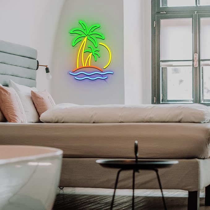 Coconut Tree Neon Sign for Wall Decor Dimmable Beach Sunset Led Sign for Bedroom Tropical Palm Tree Neon Light for Tiki Bar Hawaii Club Summer Beach Party Decoration