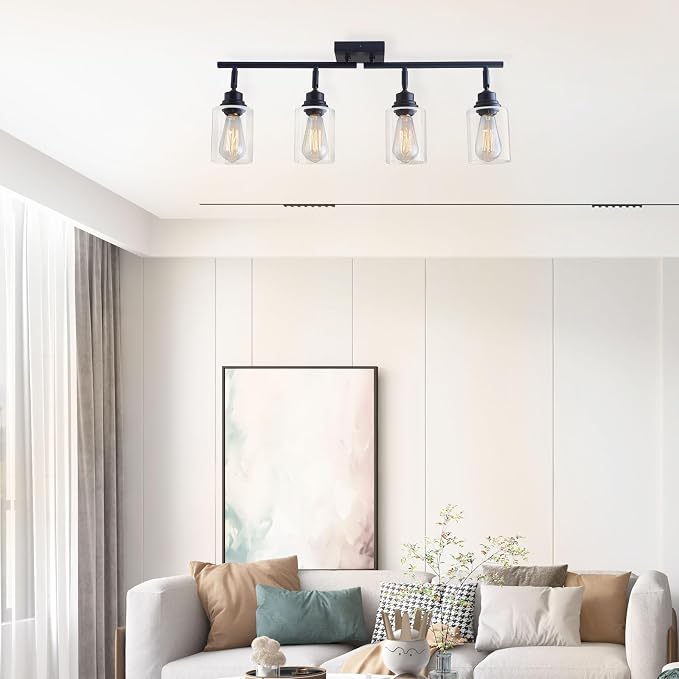 4-Light Black Ceiling Track Lighting E26 Clear Glass Light Fixture | Black metal 4 adjustable heads, clear glass semi flush mount E26 track light for kitchen, bathroom, living room