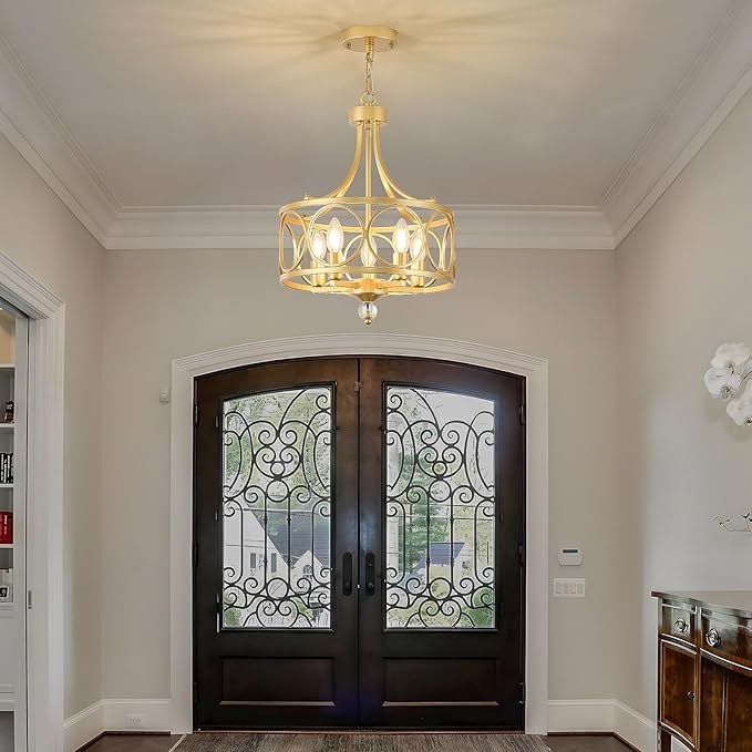 5-Light Gold Chandelier,14.2in Farmhouse Lantern Pendant Light Fixture,Adjustable Hanging Ceiling Lighting with E12 Socket,for Kitchen Island,Bedroom,Entryway,Dining Room