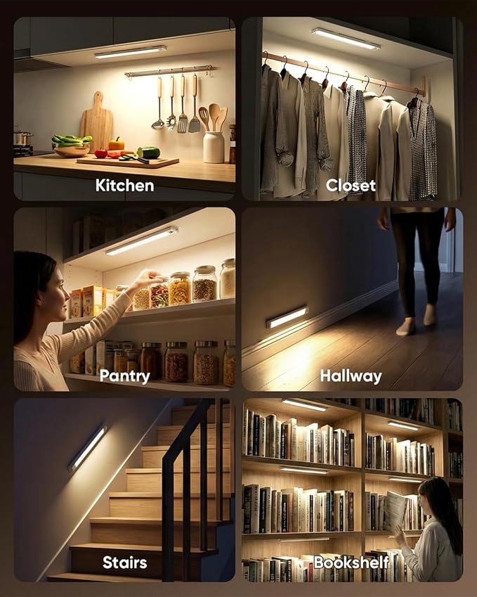 12inch Under Cabinet Lighting, 152LED Motion Sensor Light Indoor, USB Rechargeable Closet Lights, 3 Color Temps, Dimmable, Wireless Under Counter Lights for Kitchen, Stairs, Pantry, 4 Pack