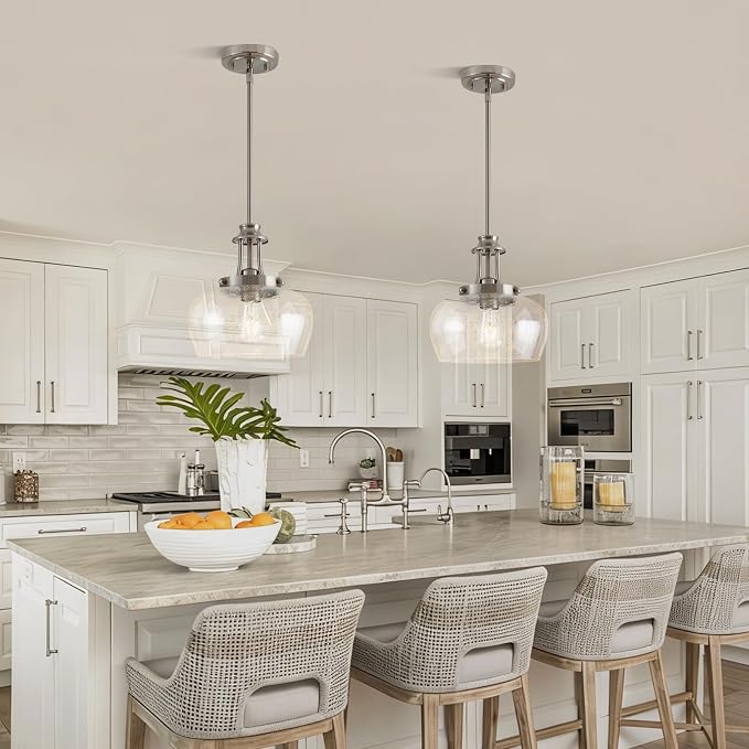 Modern Pendant Lights Kitchen Island, Brushed Nickel Pendant Light Fixtures with 10" Clear Air Bubble Glass Shade, Industrial Hanging Pendant Lights Fixture for Kitchen Island Dining Room Entryway