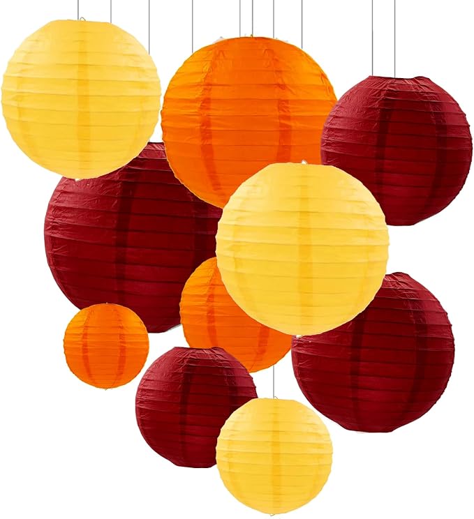 ZOOYOO 10Pcs Paper Lanterns,Red Orange Yellow Round Hanging Tissue Paper Lanterns Decorations for Birthday,Wedding,Harvest,Thanksgiving Party Fall Garden Home Decor