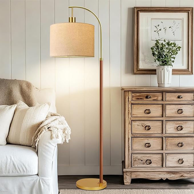 Wood Floor Lamps for Living Room Arc Floor Lamp with Remote Control,Dimmable Farmhouse Floor Lamp Mid Century Modern Standing Lamp with 3 Color Temperature Tall Vintage Floor Lamp For Bedroom Corner