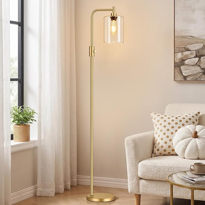 【Upgraded】 Dimmable Floor Lamp for Living Room with Seeded Glass Lampshade, Gold Modern Glass Floor Lamp with 900LM LED Bulb Included, Arc Standing Tall Lamp for Bedroom, Office, Reading Room, Corner