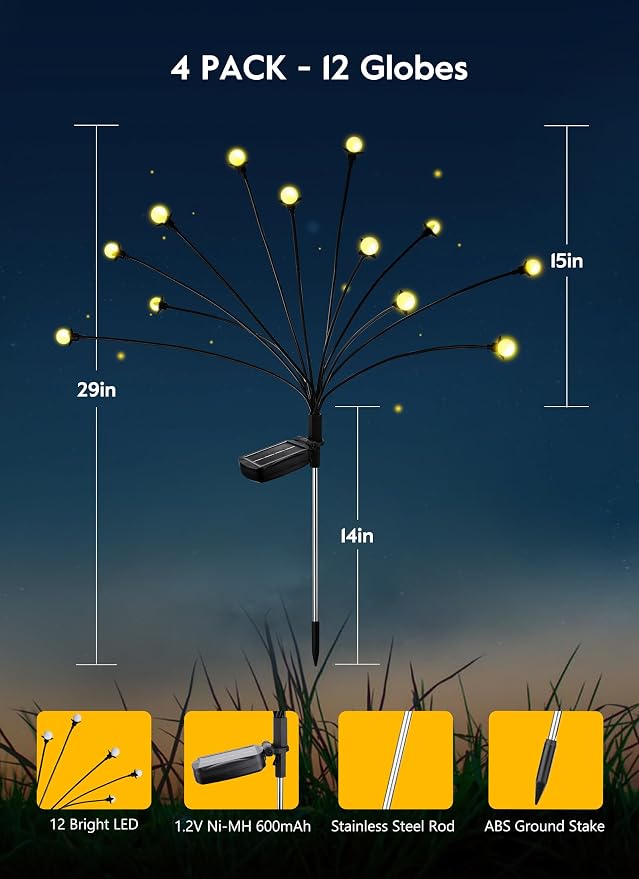 Brightown 8 Pack Solar Garden Lights, 96 LED Firefly Lights, 2 Lighting Modes, Wind Sway IP65 Waterproof Outdoor Lights for Garden Yard Pathway Decor, Warm White