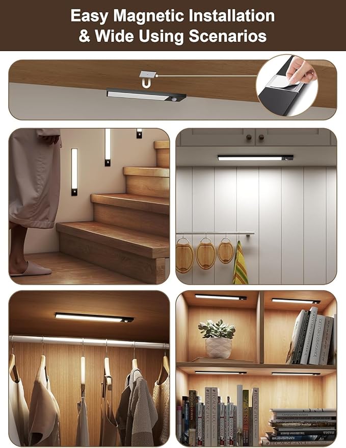 5Pack Under Cabinet Lighting, 3000mAh Rechargeable Motion Sensor Light Indoor, 8inch Magnetic Closet Lights with Dimmable & 3 Color Temps, Wireless Motion Activated Under Counter Lights for Kitchen
