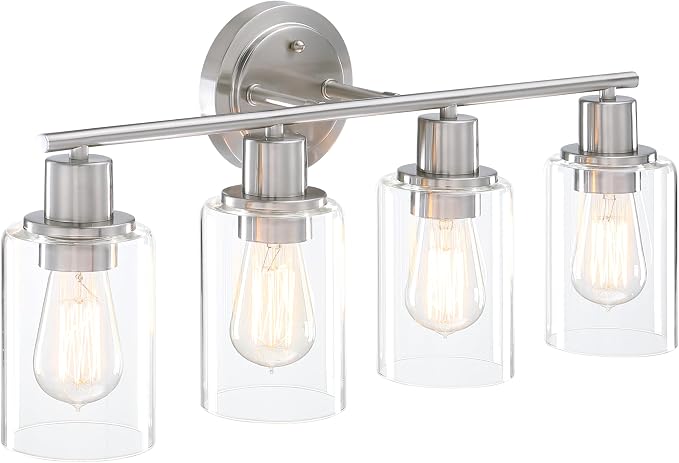 Brushed Nickel 4-Light Bathroom Light Fixture Over Mirror Sink, 4-Light Bathroom Vanity Lights Brushed Nickel Vanity Wall Sconce for Mirror