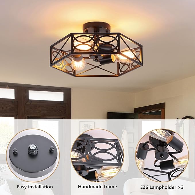 Modern Black Semi Flush Mount Ceiling Light Fixture, Industrial Close to Ceiling Light with Metal Hexagon Cage, Vintage Farmhouse 3-Light Ceiling Lamp for Kitchen, Hallway, Bathroom