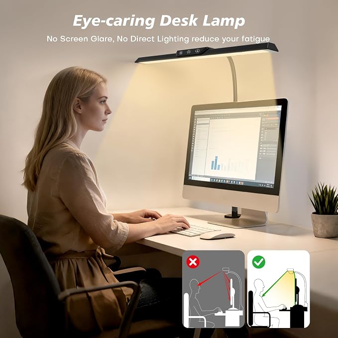 LED Desk Lamp for Office Home, Stepless Dimming Architect Desk Light with DC Adapter, Eye-Caring Desk Lamp with Clamp, 25 Lighting Modes Adjustable 12.8in Flexible Gooseneck for Workbench(Black)