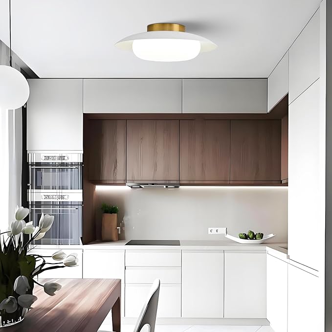 Modern LED Semi Flush Mount Ceiling Light Fixture,Round Matte White and Gold Close to Ceiling Lamp Flushmount Lighting Fixtures for Kitchen Master Bedroom Living Room Entryway,5000K,15.74 inch