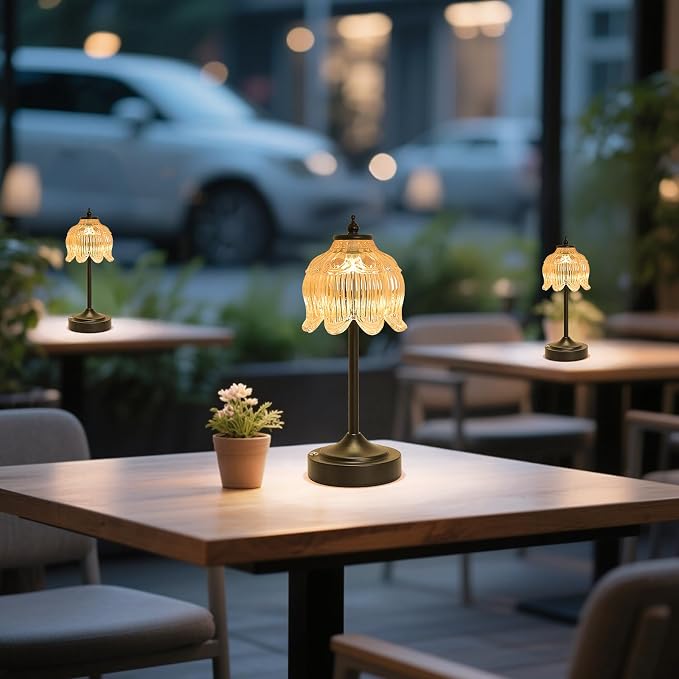 Cordless Table Lamp, Rechargeable Amber Glass Lotus Flower Lamp | 5200mAh touch lamp with 3 color modes and stepless dimming, battery operated lamp for nightstands and kitchen counters
