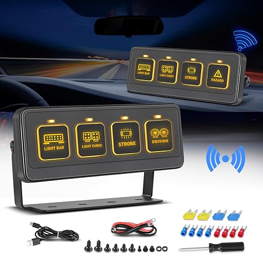 Wireless 4 Gang Switch Panel, Niking Auto Multifunction Offroad LED Switch Pods with Toggle Pulse Auxiliary Universal Circuit Control 12V Relay System Control Box for Trucks SUV UTV Car Boat RV Marine
