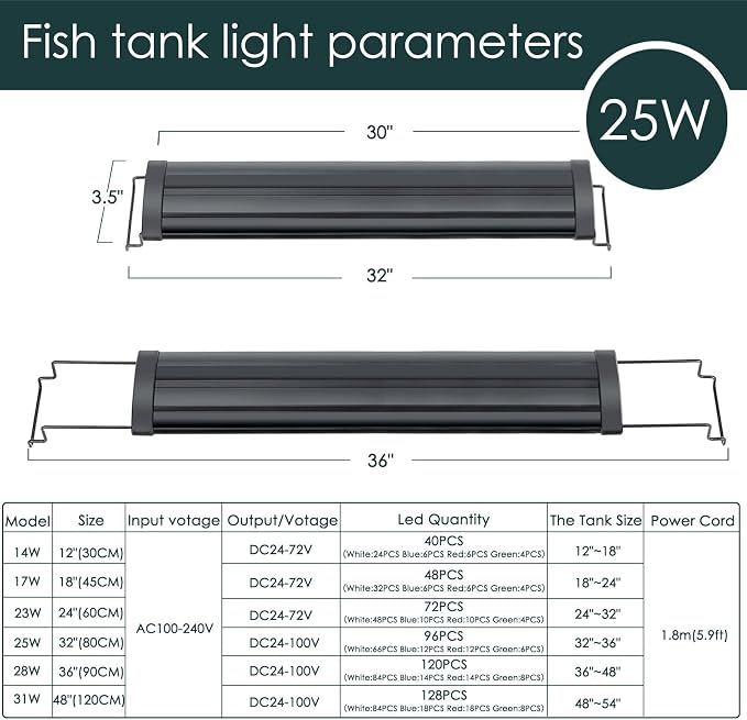 AQQA Aquarium Light,Full Spectrum LED Fish Tank Lights | 12"-54" Adjustable Multi-Color White Blue Red Green LEDs with Extendable Brackets,14W-31W for Freshwater Plants 25W (32"-36")