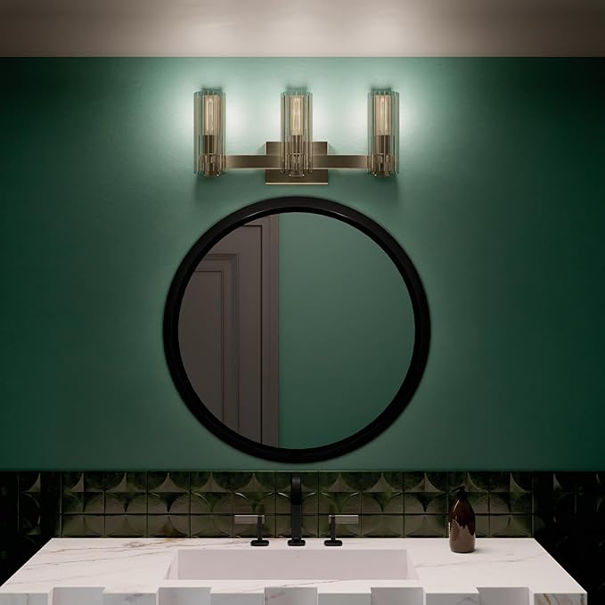 Kichler Jemsa 3 Light Vanity, Modern Light with Clear Fluted Glass in Champagne Bronze for Bathroom or Powder Room (9.75" x 22.75"), 55168CPZ