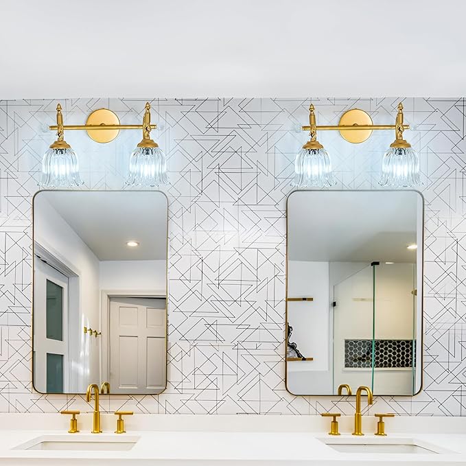 CVKASH 2-Light Bathroom Vanity Light Fixtures Over Mirror,Brushed Gold Modern Vanity Light with Glass Shade Vintage Wall Sconce for Bedroom Dressing Room Living Room Hallway Cabinet