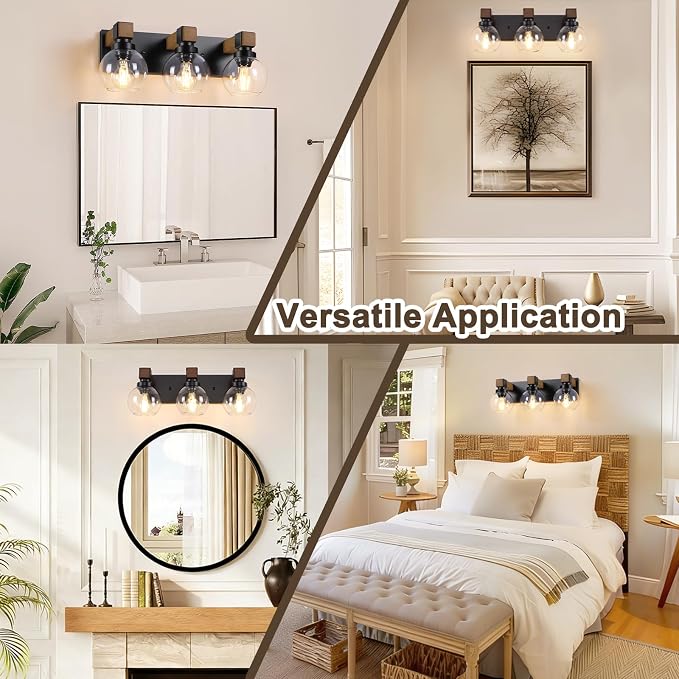 Farmhouse Bathroom Light Fixtures, 3-Light Rustic Wood Bathroom Lights Over Mirror with Glass Globe Shades, Matte Black Wall Mounted Lamp Vanity Lights for Bathroom Bedroom Living Room Cabinet