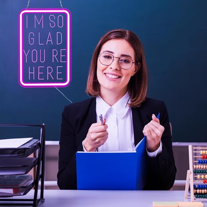 I'm So Glad You're Here Neon Sign for Wall Decor,Classroom Decor,USB Powered Light Up Sign for Classroom Wedding Party Store Home Neon Decor,Birthday Christmas Gift16.1 * 10.9Inch