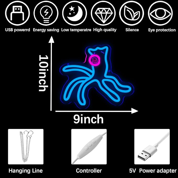 Coralline Octopus Neon Sign with One Button Eye LED Light Sign for Wall Decor, USB Powered Blue Ocean Animal Light for Bedroom Bar Aquarium Game Room, Kids Birthday Gift