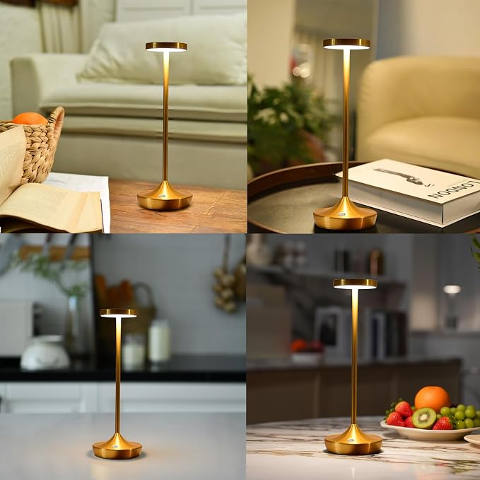 Gold Cordless LED Table Lamps Rechargeable 6000mAh, 72H Runtime, Waterproof | Stepless Touch Dimming with 3 Color Modes & Memory Function, Portable IP54 Waterproof for Home/Dinner/Patio/Restaurant (Gold)