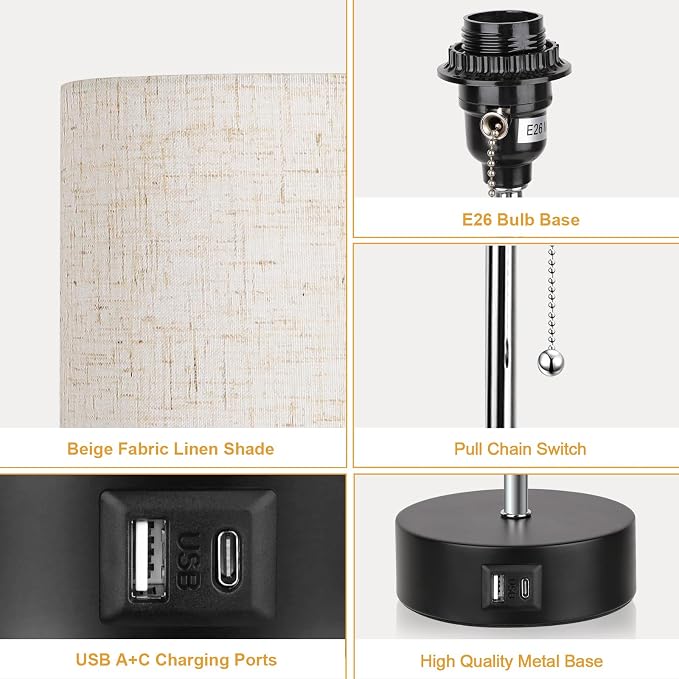 ROTTOGOON 3-Color Temperature Bedside Lamp Nightstand Lamp with USB A Port and C Port, Table Lamp for Bedroom with LED Bulb Small Lamps for Living Room (Otmeal)