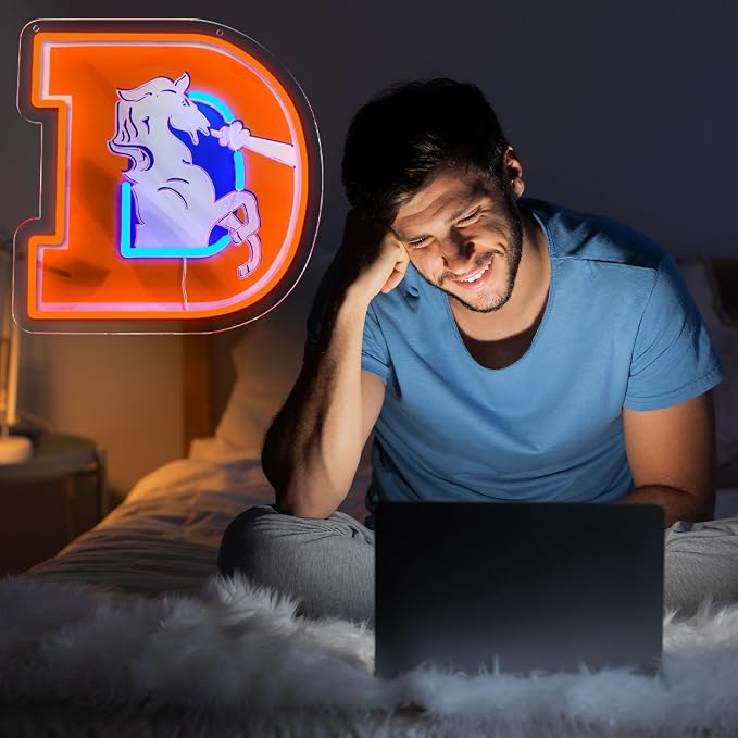 Broncos Football Neon Signs Led Sign for Wall Decor Rugby Team Light Up Sign Suitable for Man Cave Office Bar Pub Wall Art Gifts for Teen Boys