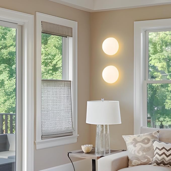 Modern Globe Glass Wall Sconces Set of 2: Small 7 In Art Deco Light Fixture | Mid Century Indoor Set of Two Round Lights, For Bedroom Bathroom Vanity Mirror Hallway Bedside Mount Half Moon Lamps 3000k